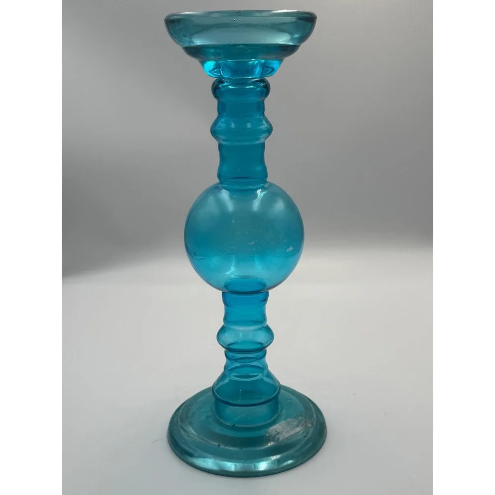 Turquoise Blue Glass Pillar Candlestick Holder‎ Orb Stem 11.5 Inch RN 119316